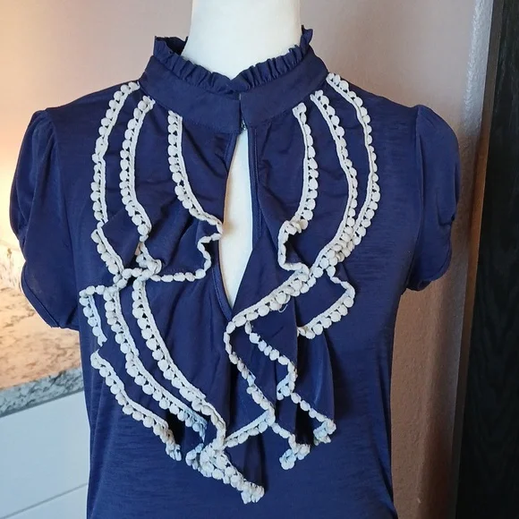 Navy Blue Ruffled Cut Out Blouse with Mandarin Collar size M - Picture 2 of 8